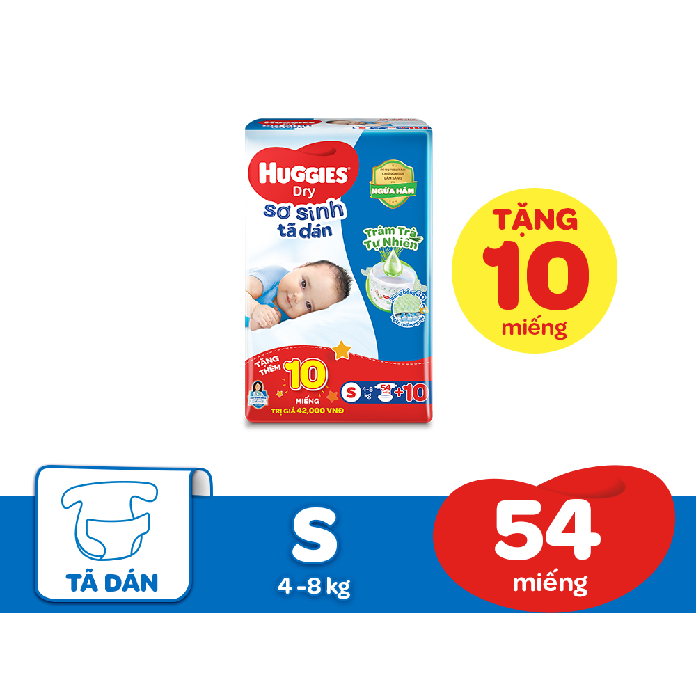 Tã dán sơ sinh Huggies mới S54 (4kg-8kg) - Gói 54 miếng Tràm Trà + Tặng 10 miếng