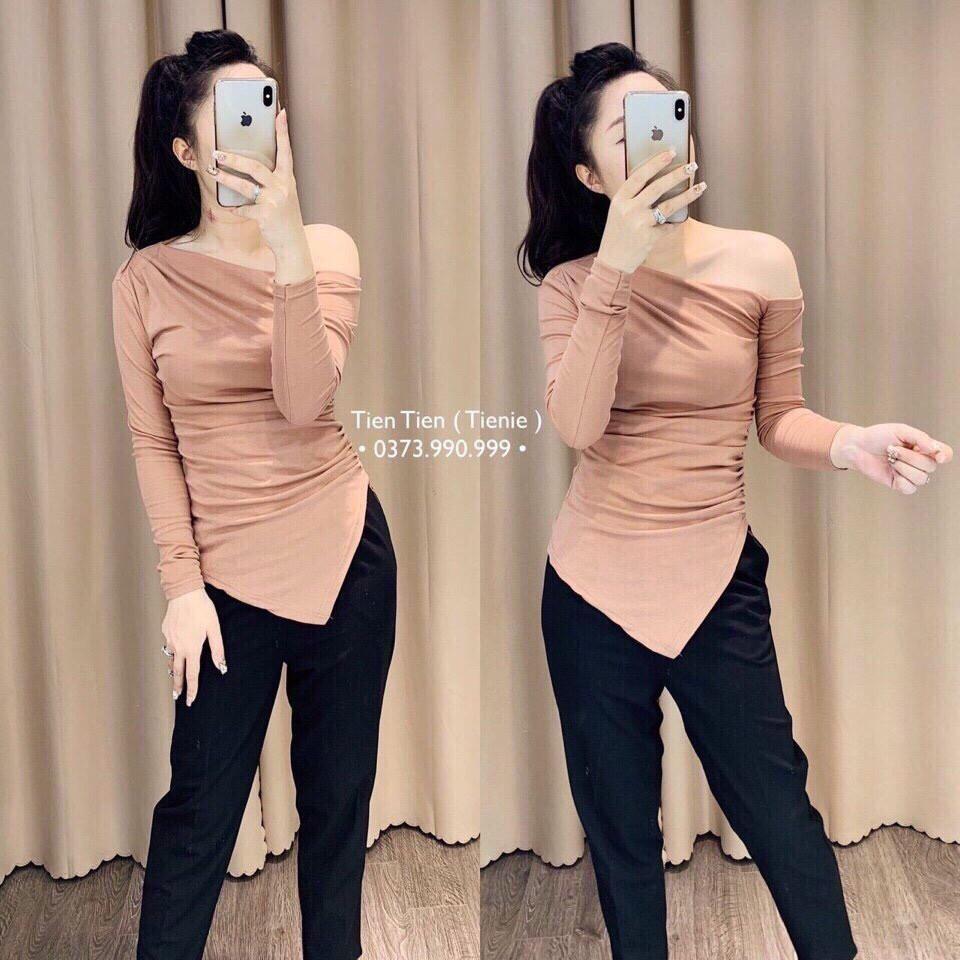 Áo thun lệch vai zúm eo vạt nhọn, Áo kiểu vạt nhọn dài tay vải conton co giãn AT1522 - NhiNhi Shop