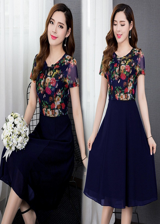 Đầm xòe chiffon in hoa 3D cổ phối ren cột nơ duyên dáng