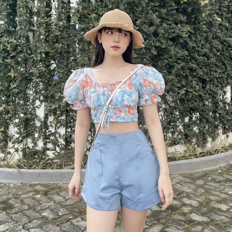 Áo Croptop Hoa Bo Eo Mix Short Xanh