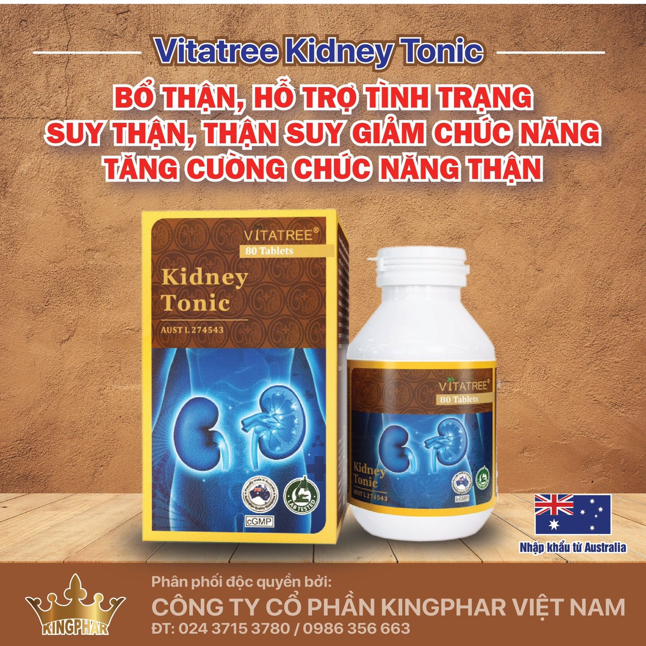 Viên uống bổ thận nam, nữ Vitatree Kidney Tonic , lọ 80v, nhập khẩu Úc