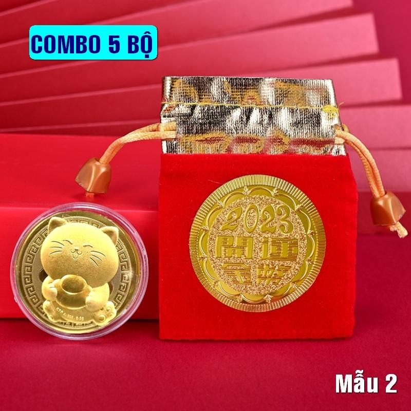 Set 05 xu Mèo vàng + túi gấm 2023 sang trọng, quý phái, dùng làm quà tặng, lì xì tết - Mẫu 2 - PASA COLLECTION