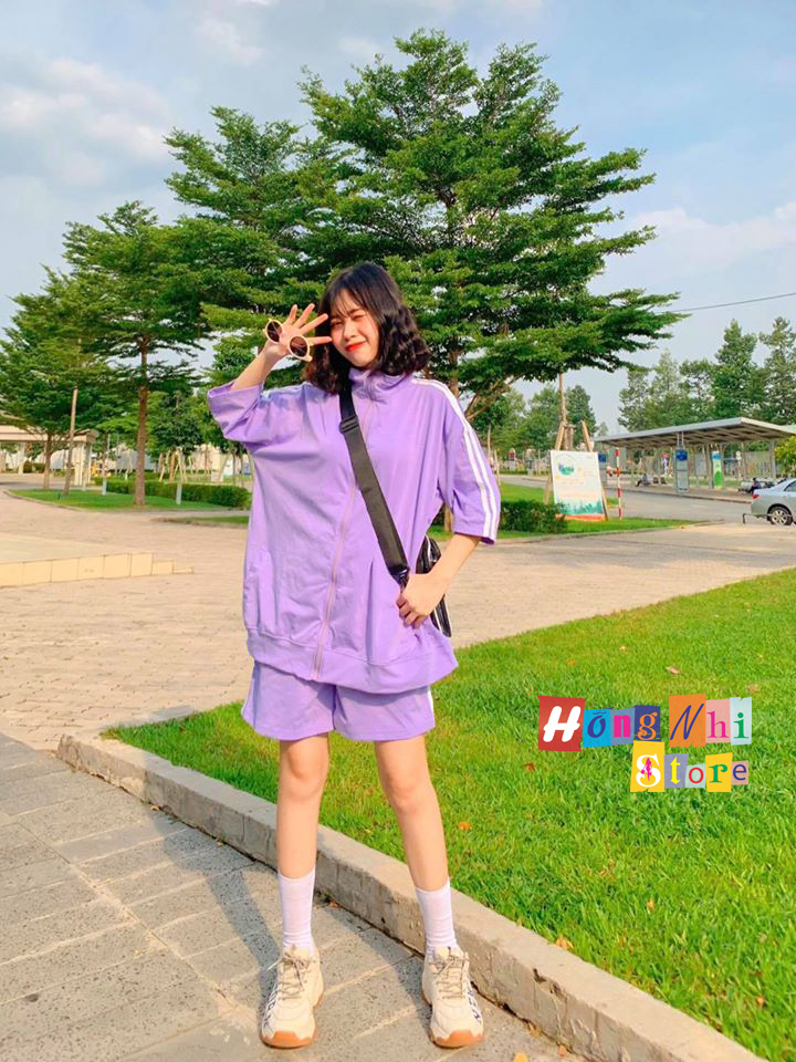 Set Bộ Thể Thao Unisex Áo Khoác Tay Ngắn Quần Lửng Màu Tím Cao Cấp- MM