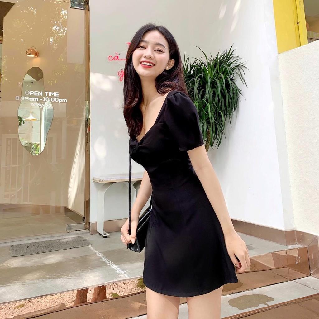 ĐẦM ĐEN COTTON CÚP NGỰC CỔ VUÔNG DÁNG XÒE-hình thật shop chụp