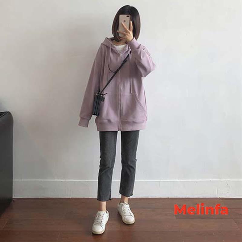 Áo khoác Hoodie nữ, áo nỉ nữ Freesize kéo khóa có mũ phong cách Basic Hàn Quốc mã VAA0018
