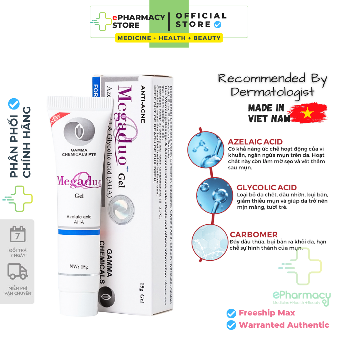 Megaduo Gel giảm mụn, giảm thâm, dưỡng da - Megaduo Azelaic acid & Glycolic acid Gel 15g