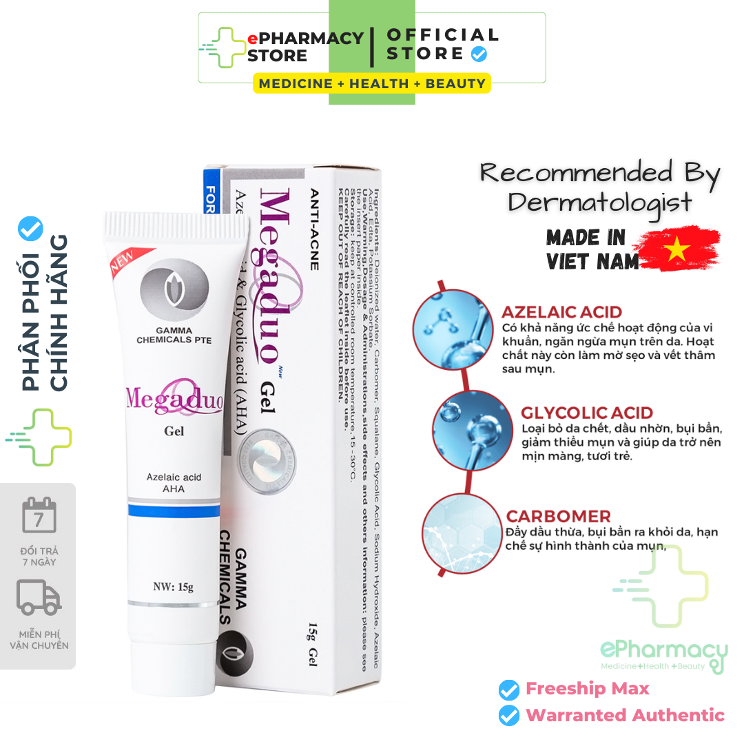 Megaduo Gel giảm mụn, giảm thâm, dưỡng da - Megaduo Azelaic acid &amp; Glycolic acid (AHA) Gel 15g