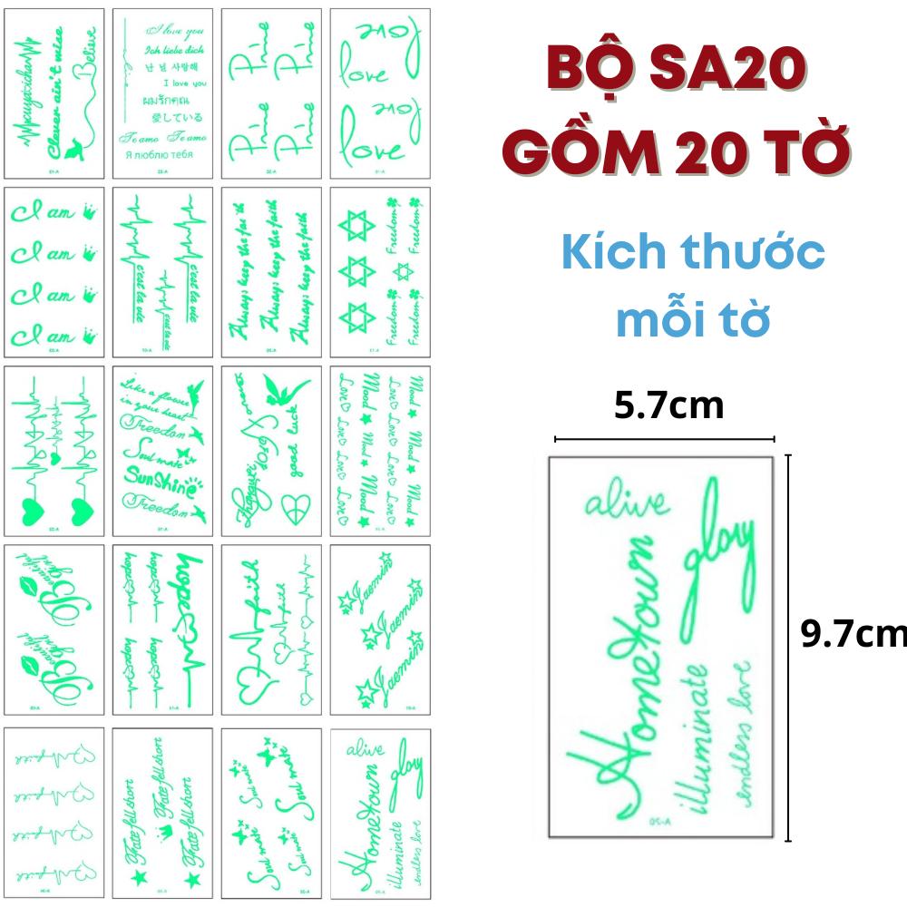 Set 20 Tờ Hình Xăm Phát Sáng Miếng Dán Tattoo Tạm Chời Hình Bướm, Trái Tim, Gấu, Mặt Cười, Hoa