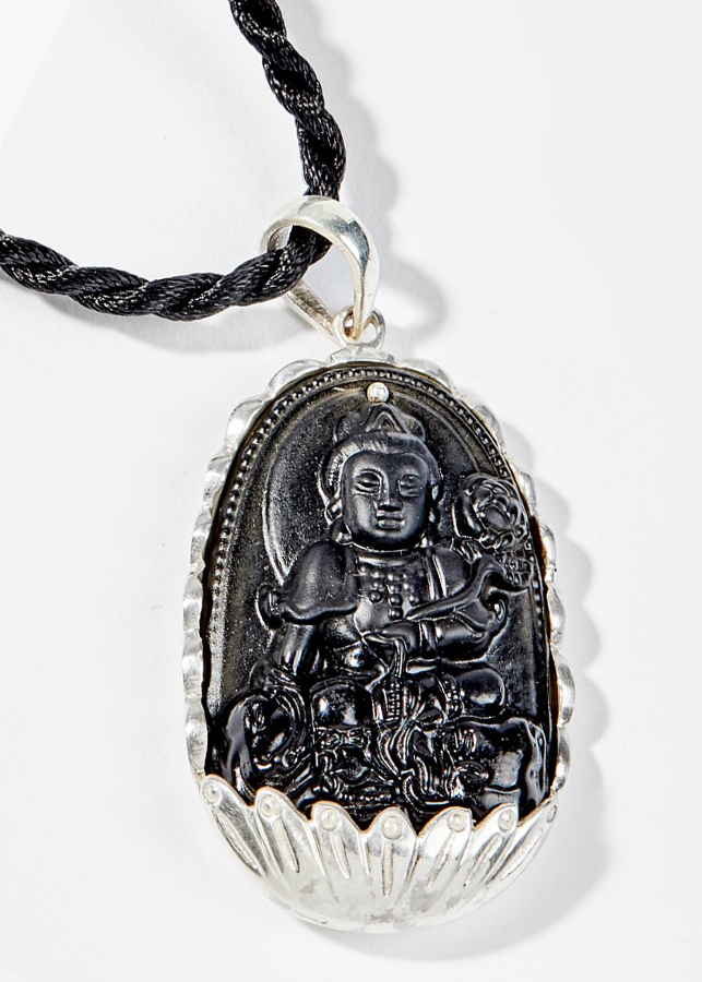 Mặt Dây Chuyền Phong Thủy Đá Obsidian Phật Bản Mệnh Tuổi Thìn, Tỵ Phổ Hiền Bồ Tát Bọc Bạc Ngọc Quý Gemstones