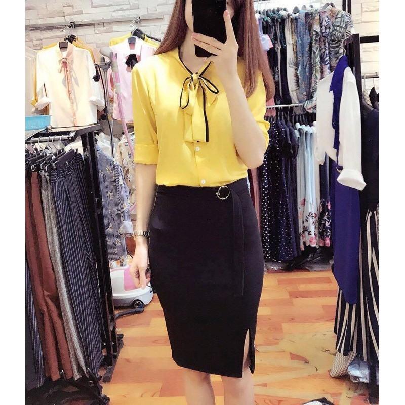 Aó công sở cột nơ viền tay dài