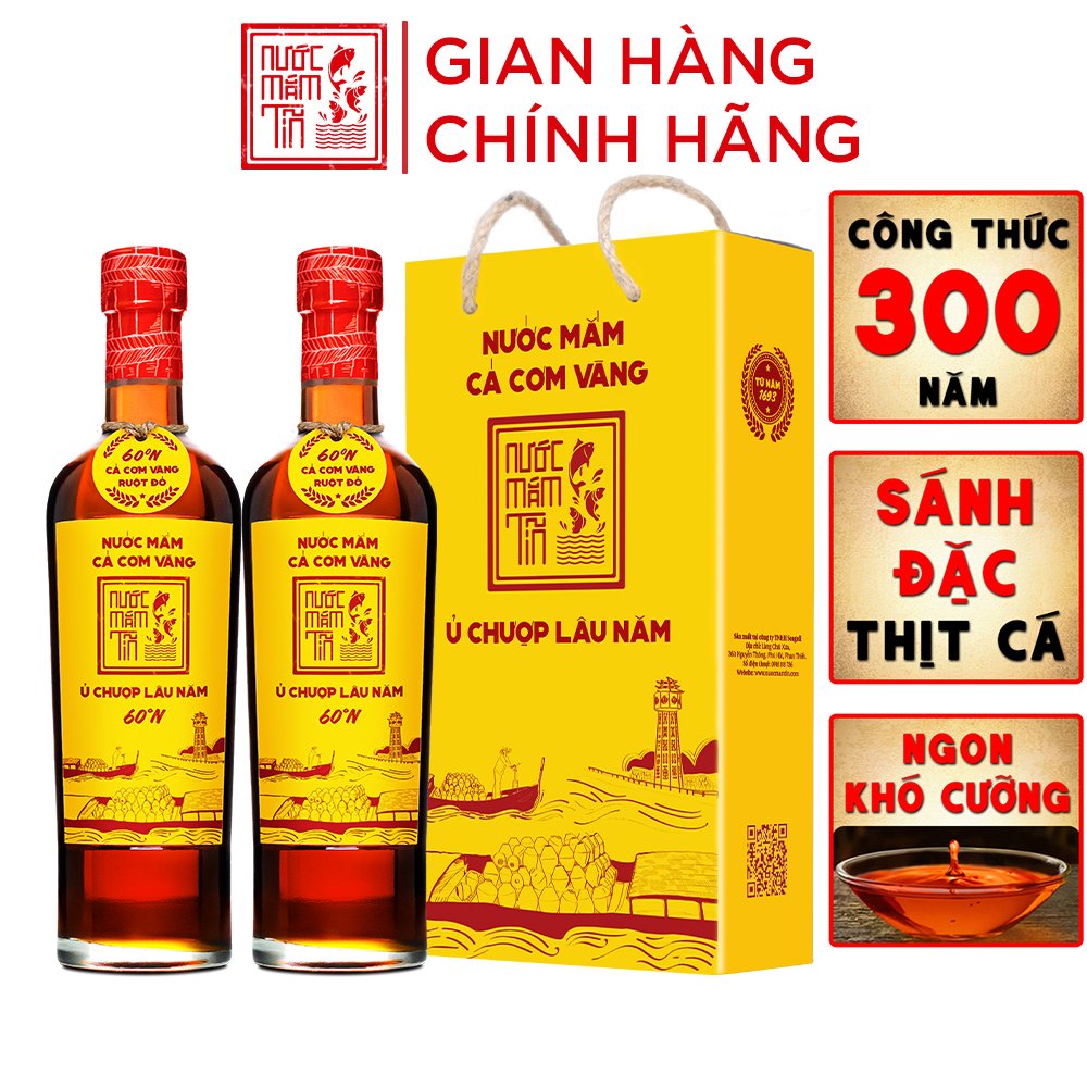 Đặc Sản Phan Thiết - [Cặp 2 Cá Vàng - 60N - 500Ml] Nước Mắm Tĩn Cá Cơm Vàng Ruột Đỏ Độ Đạm 60N Chai Thuỷ Tinh 500Ml Nước Mắm Truyền Thống