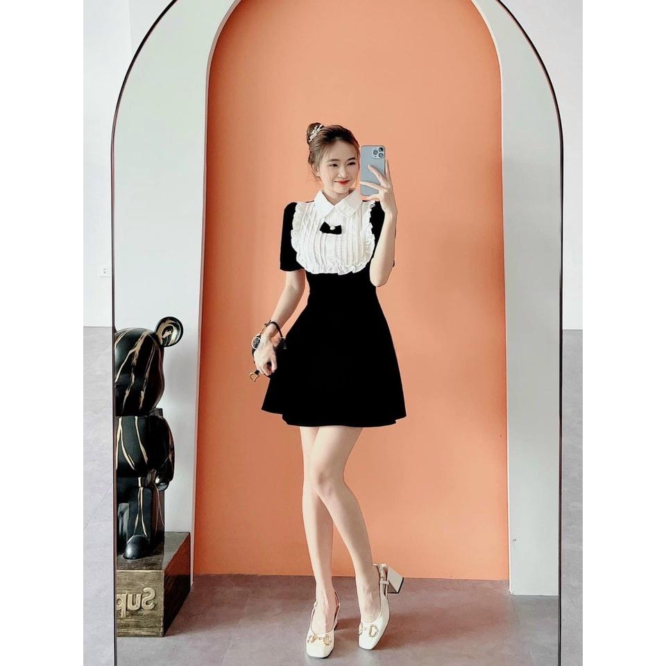 Váy đầm nữ mini dáng xòe cổ bẻ phối bèo đính nơ xinh xắn cực hót
