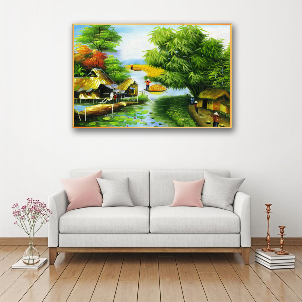 Tranh treo tường – Dòng sông quê CA133 - Vải canvas kim tuyến cán PiMa - công nghệ in UV - Khung viền composite - bền màu 10 năm.