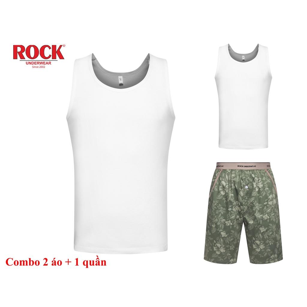 Combo 2 áo thun 3 lỗ không đường may vải cotton 100% ROCK 5076 + 1 quần Short nam 5047 mạnh mẽ cá tính mặc nhà, tập gym