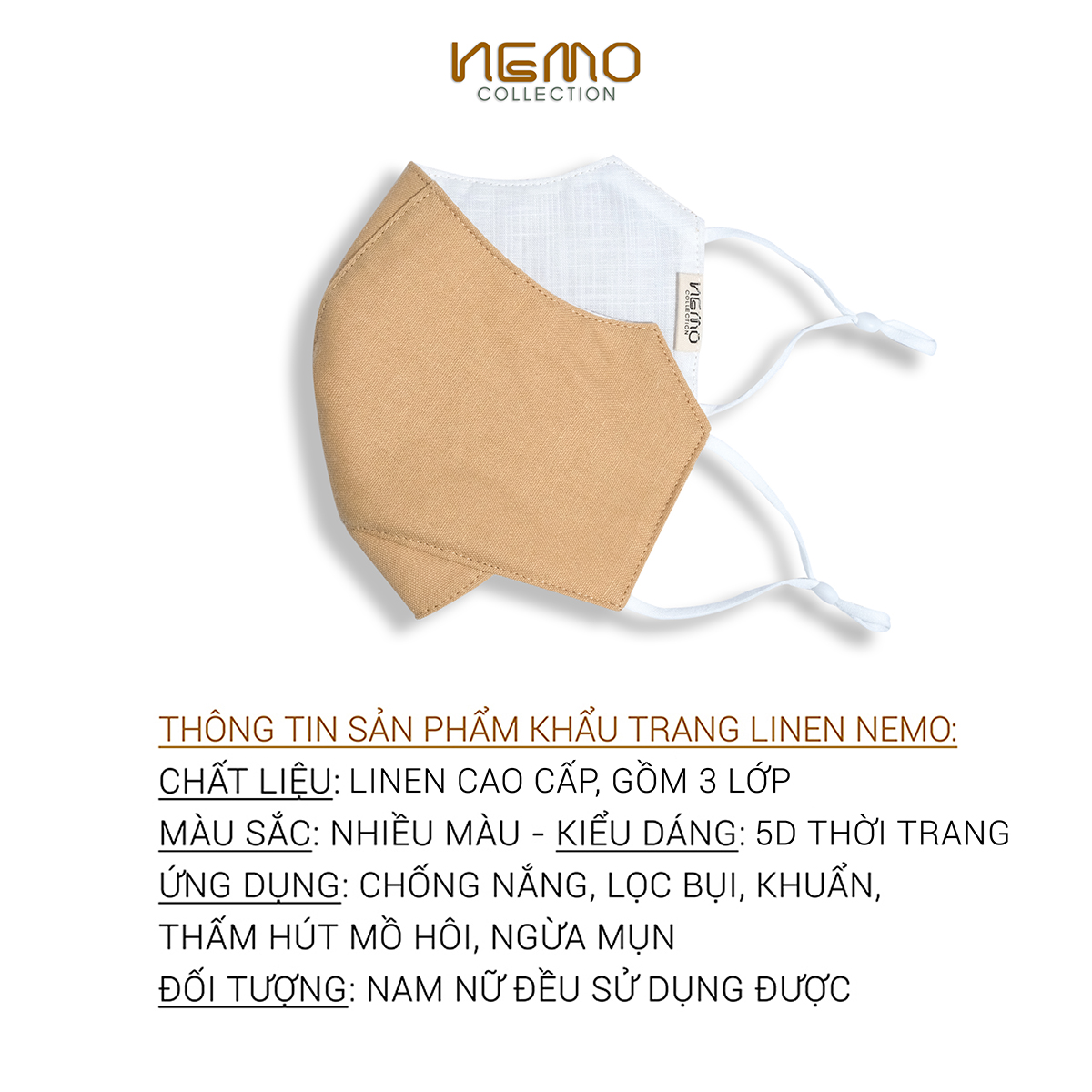 KHẨU TRANG LINEN 5D NEMO, CHE NẮNG VÙNG MÁ, LỌC KHUẨN, LỌC BỤI, TÔNG MÀU THỜI TRANG - KTMF