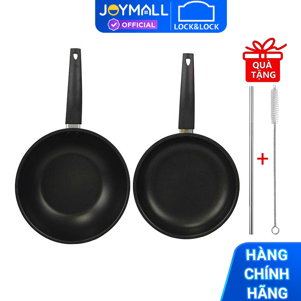 Bộ 2 Chảo Nhôm Chống Dính Easy Frypan Lock&Lock 2P Set LEY1243S2 Không Dùng Trên Bếp Từ - Hàng Chính Hãng Tăng Combo Ống Hút + Cọ Rửa