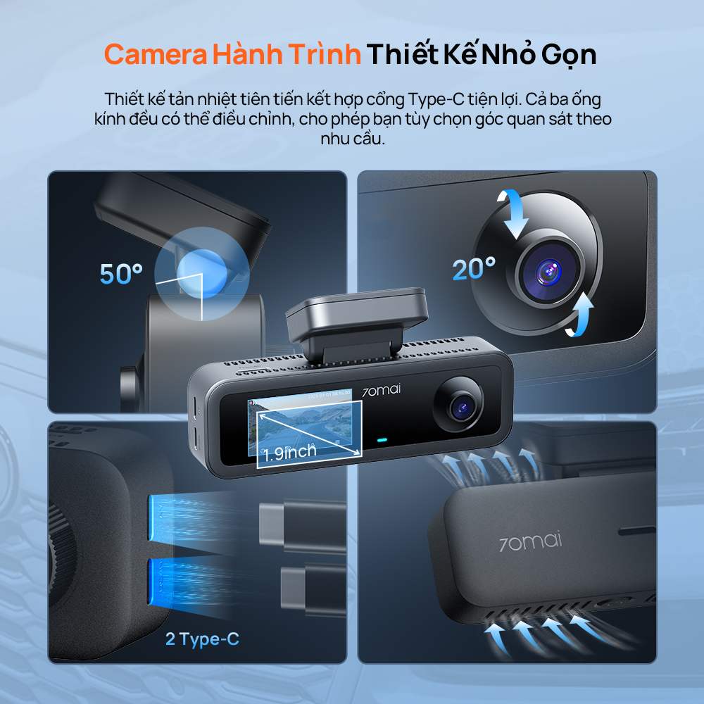 Camera hành trình ô tô 70mai T400 ghi hình 3 mắt (Trước - Trong - Sau) có tích hợp GPS, giám sát toàn diện cho xe dịch vụ, xe gia đình - Hàng chính hãng