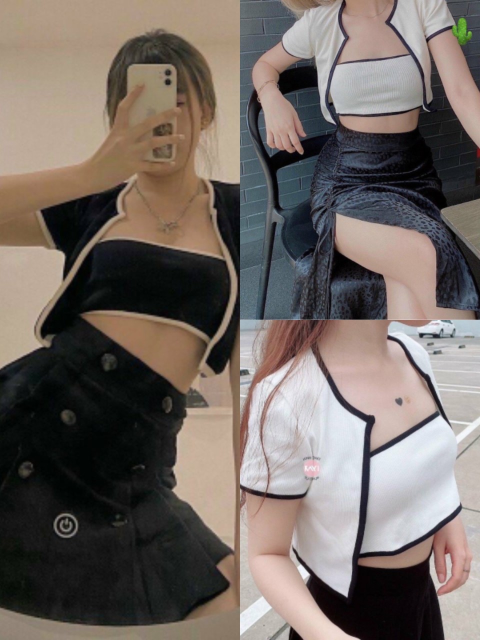 Bộ Áo Croptop Nữ Phối Viền Set Áo Quây Kèm Crt Cộc Tay 2 Màu X033