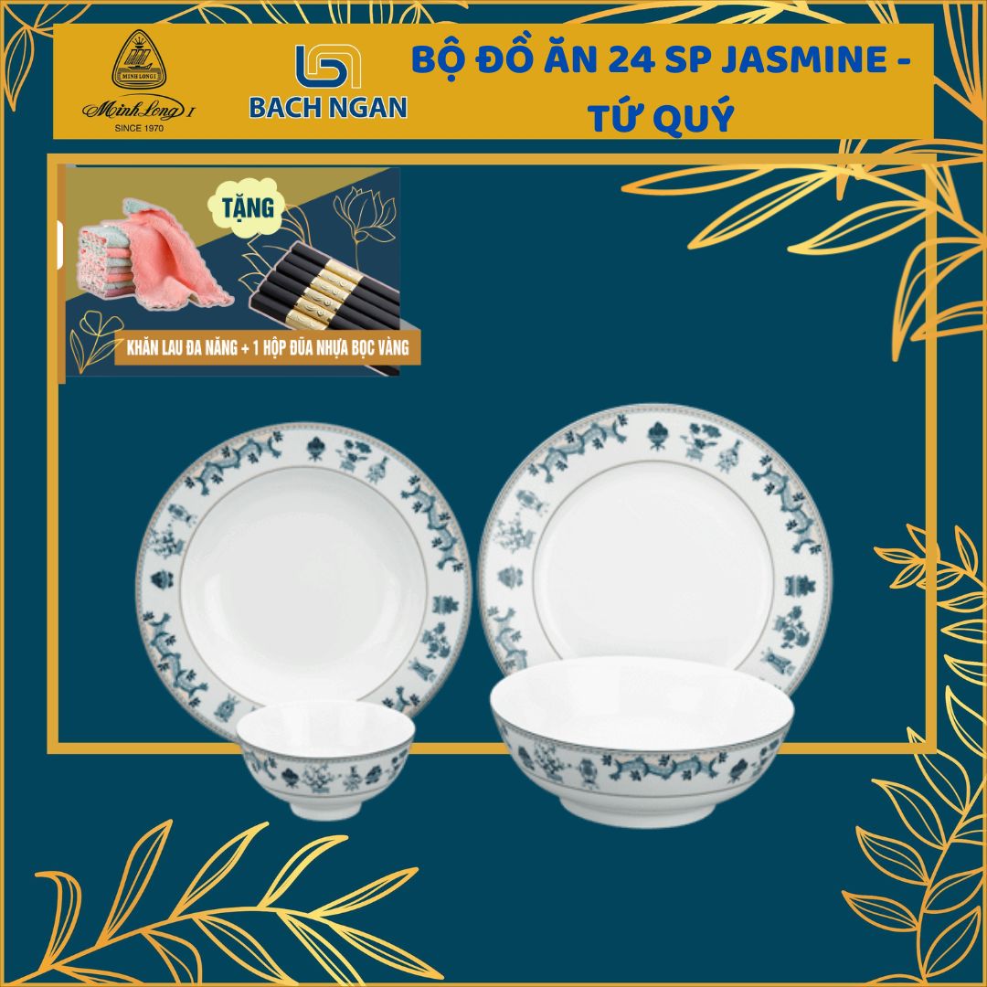 Bộ chén dĩa sứ Minh Long 24 sản phẩm Jasmine Tứ Quý dùng cho gia đình, sứ đẹp cao cấp dùng đãi khách, tặng quà tết