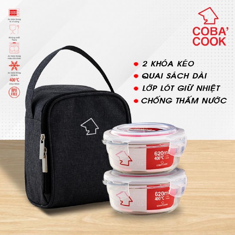 Bộ hộp đựng cơm thủy tinh chịu nhiệt hộp trữ thức ăn COBA'COOK 2 hộp tròn 640ml và 1 túi giữ nhiệt - CCR62BS