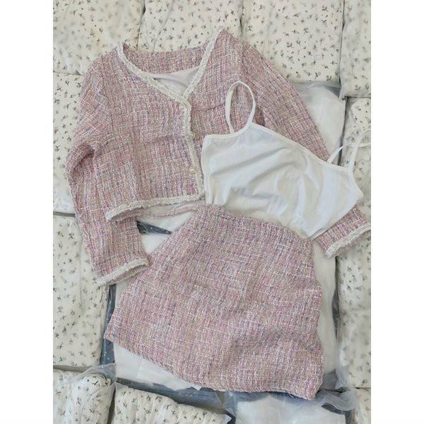 set dạ 3 món hồng áo 2 dây trong kèm khoác crop phối chân váy ngắn mẫu nina lê