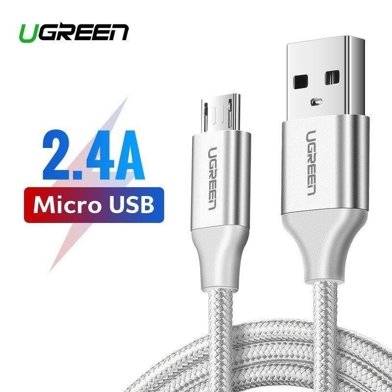 Ugreen UG60149US290TK 25cm QC3.0 màu trắng đầu bọc nhôm chống nhiễu cáp Micro sang USB 2.0 sạc và truyền dữ liệu từ máy tính ra điện thoại dài 0.25m - HÀNG CHÍNH HÃNG