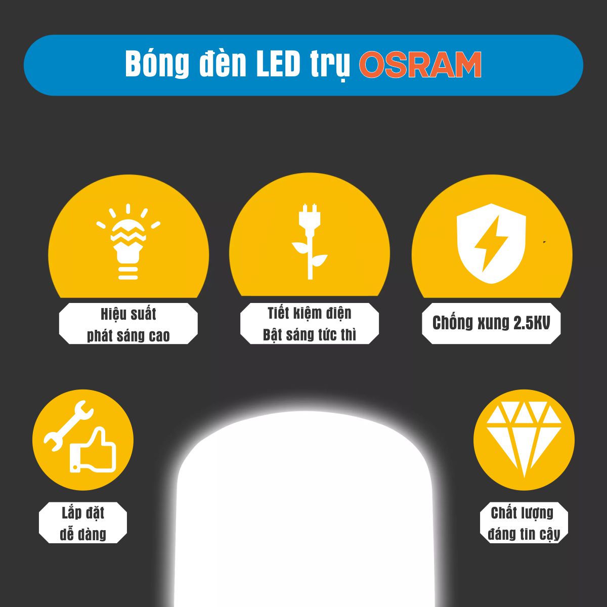 Bóng đèn LED trụ T-Bulb OSRAM E27 - Tiết kiệm điện, độ sáng cao, chất lượng ánh sáng vượt trội, bảo vệ quá nhiệt, chống xung 2.5Kv - Hàng Chính Hãng 