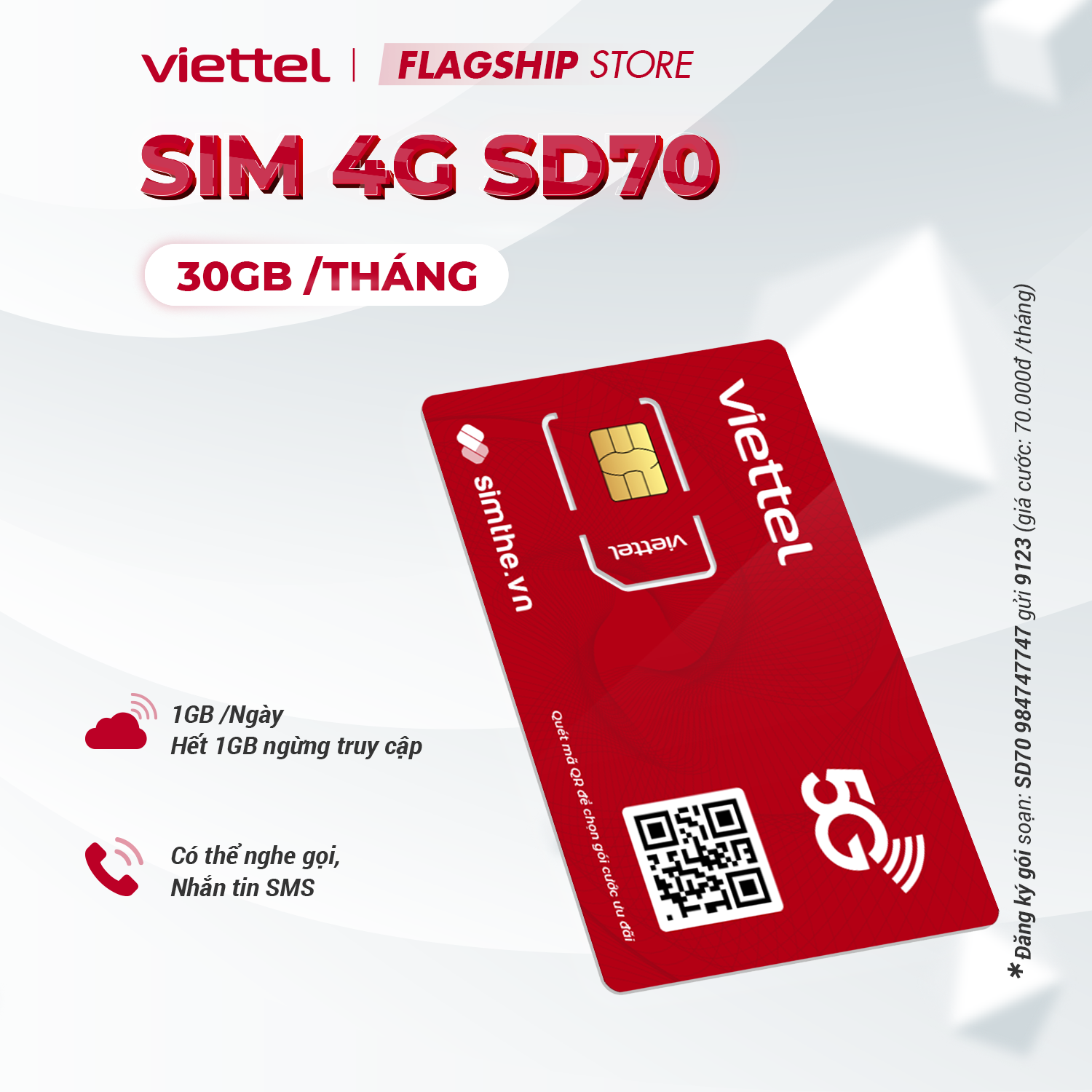 Sim 4G Viettel SD70 - SD90 - SD120 - SD135 Data 5GB/Ngày - 150GB/Tháng Tốc Độ Cao - MAX Băng Thông Chỉ Từ 70k/Tháng Dùng Toàn Quốc. Được Bán Tại SimTheVN - HÀNG CHÍNH HÃNG