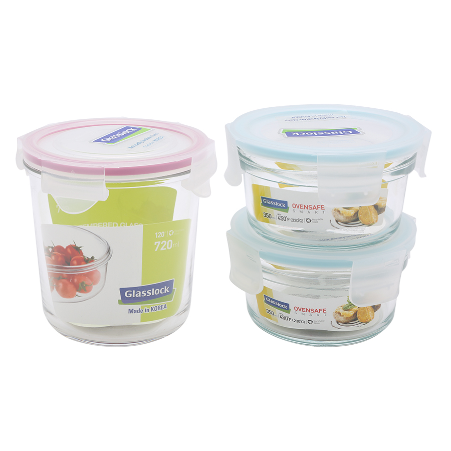 Bộ 03 Hộp Thủy Tinh Tròn  + Túi Giữ Nhiệt Glasslock Lunch Set Ovan3