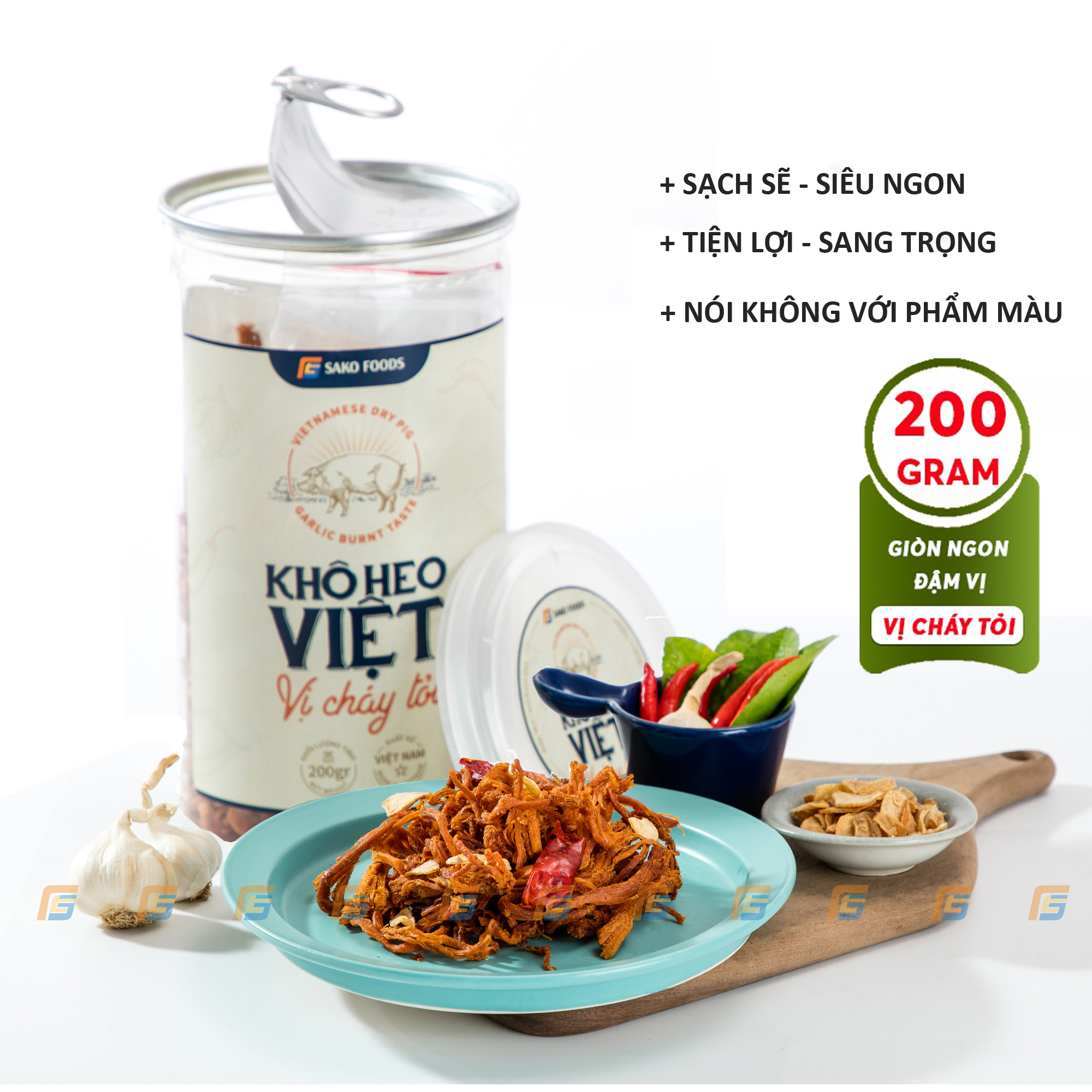 Khô Heo Cháy Tỏi Cao Cấp Sako Foods, Hộp 200g An Toàn, Chất Lượng, Khô Heo Giòn Ngon Đậm Vị, Ăn Vặt Ngon Mê Ly – Hàng Chính Hãng