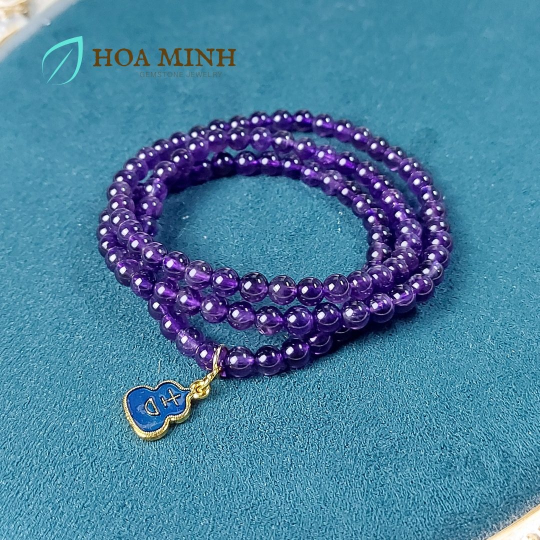 Vòng tay chuỗi 108 hạt Thạch Anh Tím Amethyst size 5.3 li tự nhiên phối charm túi tiền may mắn phong thủy mệnh Hỏa, Thổ