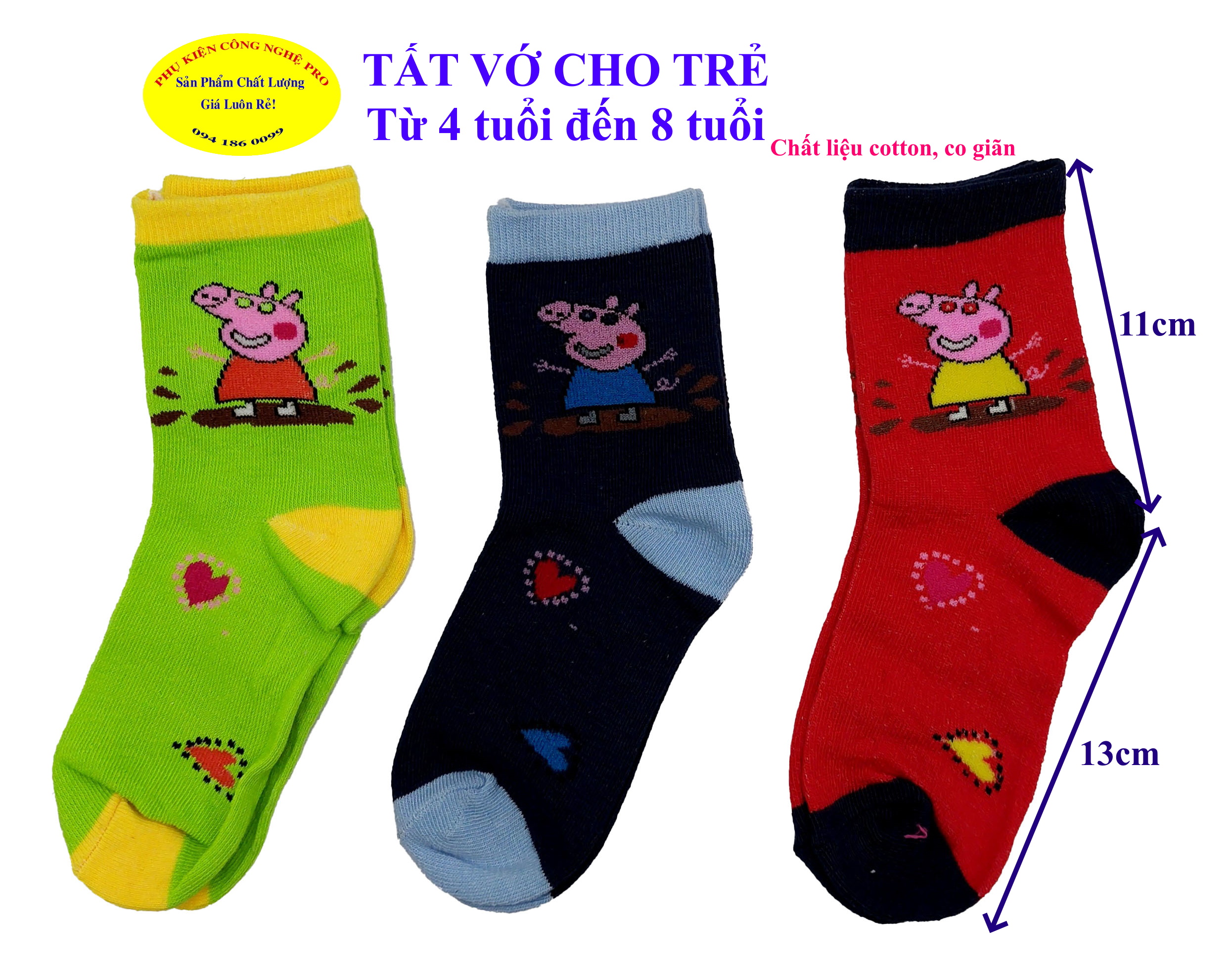 TẤT VỚ CAO CỔ CHO TRẺ Từ 4 tuổi đến 8 tuổi In hình heo Peppa trên cổ vớ, Chất liệu cotton, Co giãn, Bảo vệ đôi chân bé