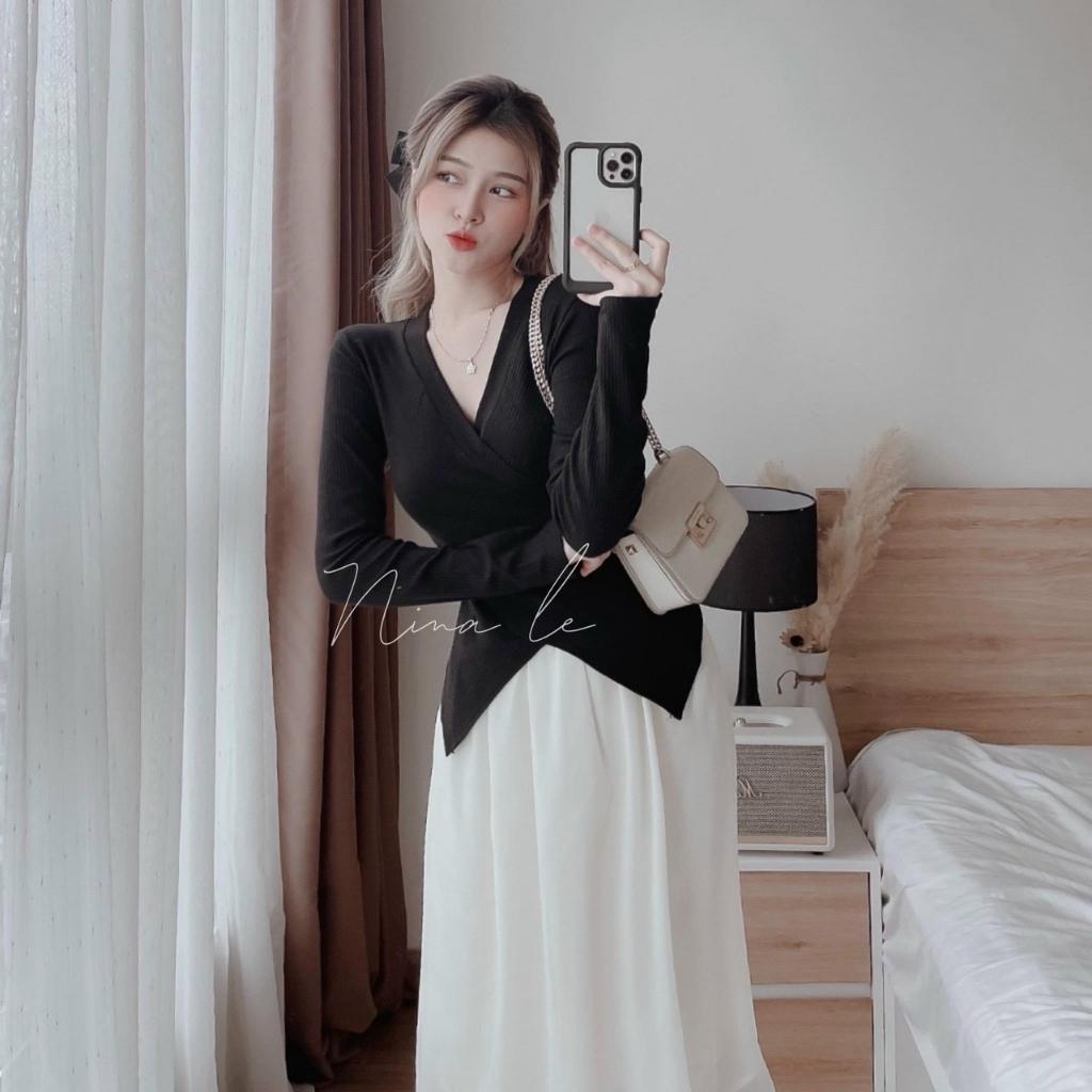 Sét áo thun gân tay dài lai nhọn kèm chân váy voan