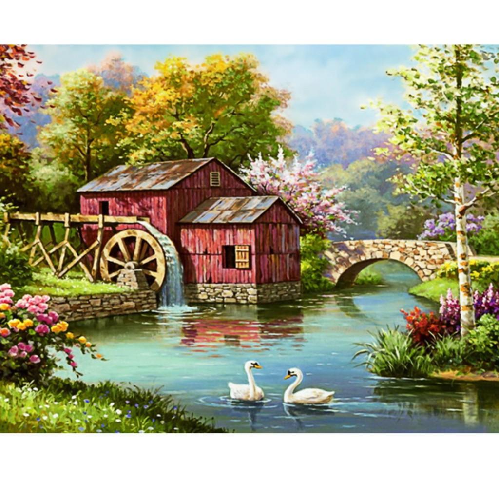 FreeShip từ 250K-Tranh đính đá cao cấp ngôi nhà mùa xuân DF2834 kt 75X55cm