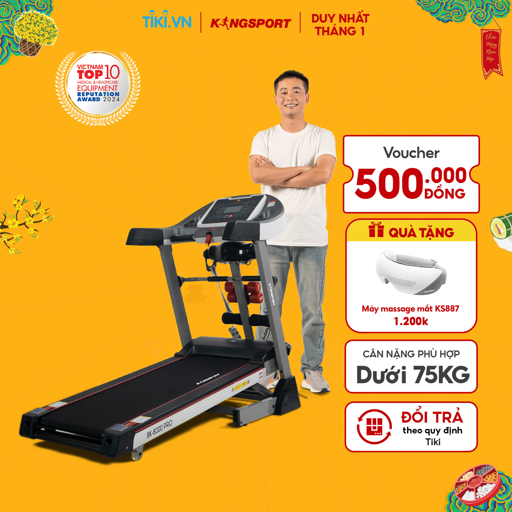 Máy Chạy Bộ Kingsport Bk - 8000 Pro Đa Năng, Nâng Dốc Tự Động 18, Tốc Độ Tối Đa 14Khmh, Kèm Đai Massage Và Thanh Gập Bụng, Cân Nặng Phù Hợp Từ Dưới 75Kg