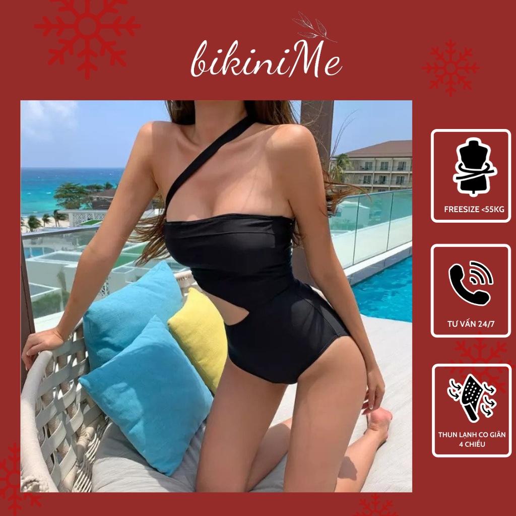 Bikini Đồ Bơi Một Mảnh Liền Thân Khoét Eo Lệch Vai Màu Đen Hack Dáng Tôn Ngực (Ảnh thật)