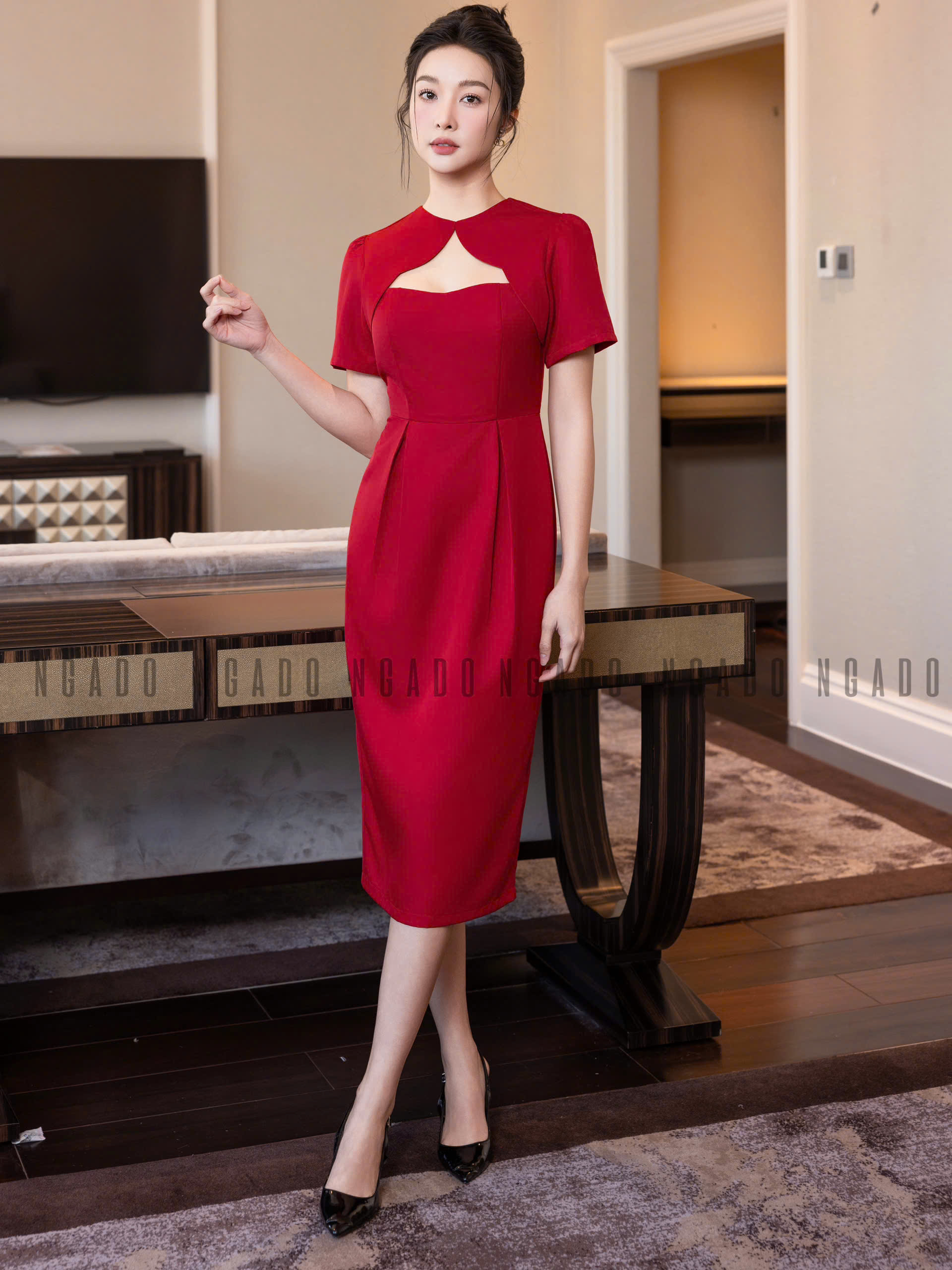 Đầm đỏ cúp ngực NGADO , đầm kiểu Nữ , đầm công sở , dự tiệc