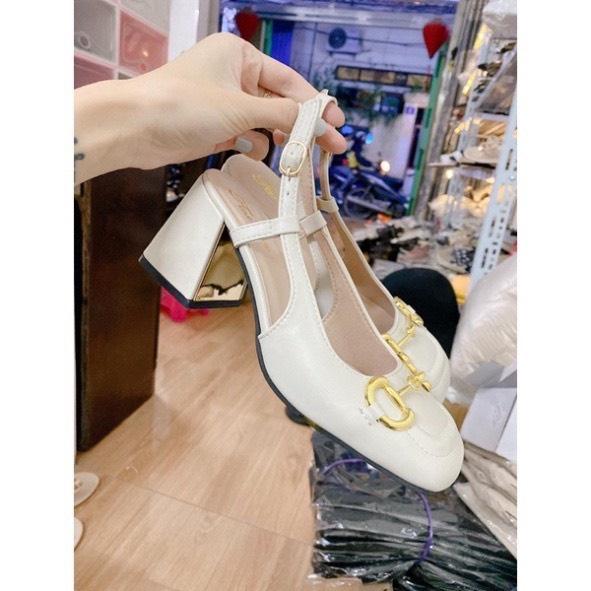 Sandal buty khoá DD gót bọc màu vàng 7cm- giày bít mũi gót vuông phong cách Hàn