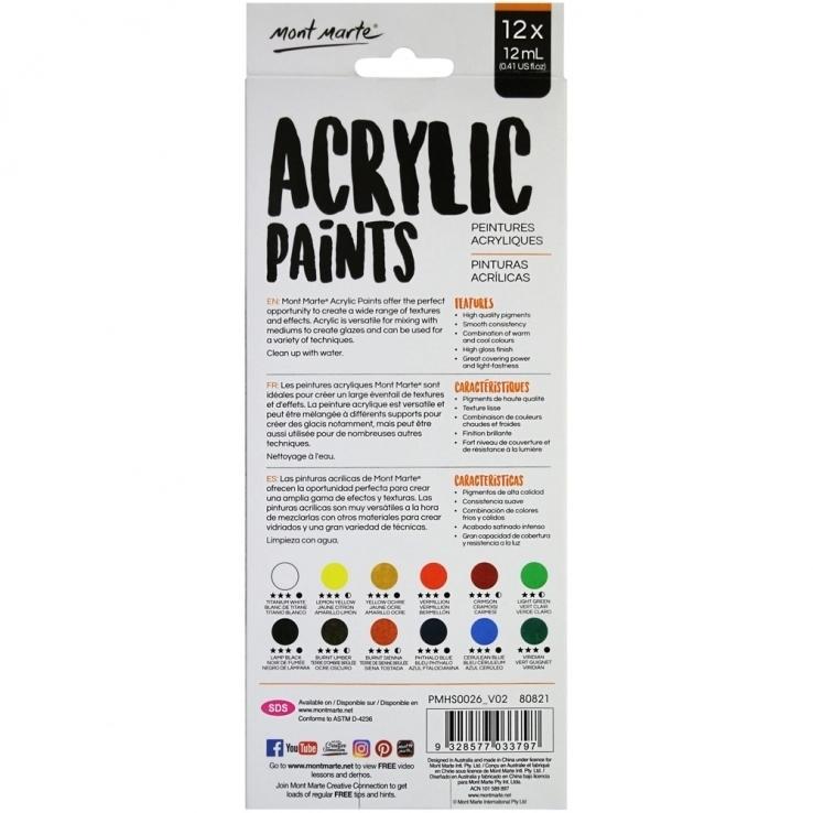 Bộ 12 Màu Vẽ Acrylic Mont Marte 12 ML PMHS0026 (Mẫu Bao Bì Giao Ngẫu Nhiên)