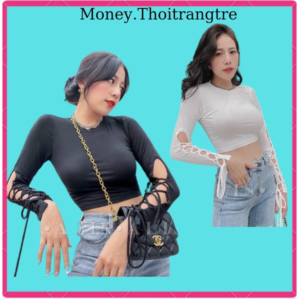 Áo Thun Croptop Nữ Kiểu Tua Đan Dây Dài Tay Ôm Body_ Áo Crop Top Crt Tay Dài Đan Dây Tay Dài Cổ Tròn Màu Trắng, Đen