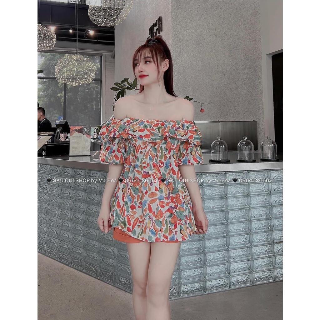 SET BỘ ĐI CHƠI, SET 2 MÓN ÁO HOA CAM RỚT VAI PHỐI QUẦN ĐÙI CỰC CUTE