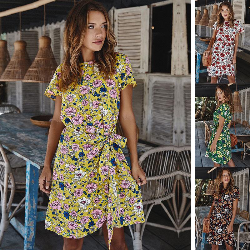 Women Summer Floral Print Dress Tied Waist Irregular Hemline Short Sleeves Bohemian Holiday Beach Casual Dress