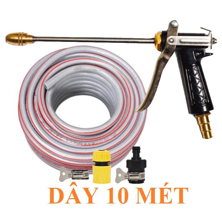 Bộ dây vòi xịt nước rửa xe, tưới cây . tăng áp 3 lần, loại 7m, 10m 206318 đầu đồng,đai,nối nhựa đen+ tặng đai