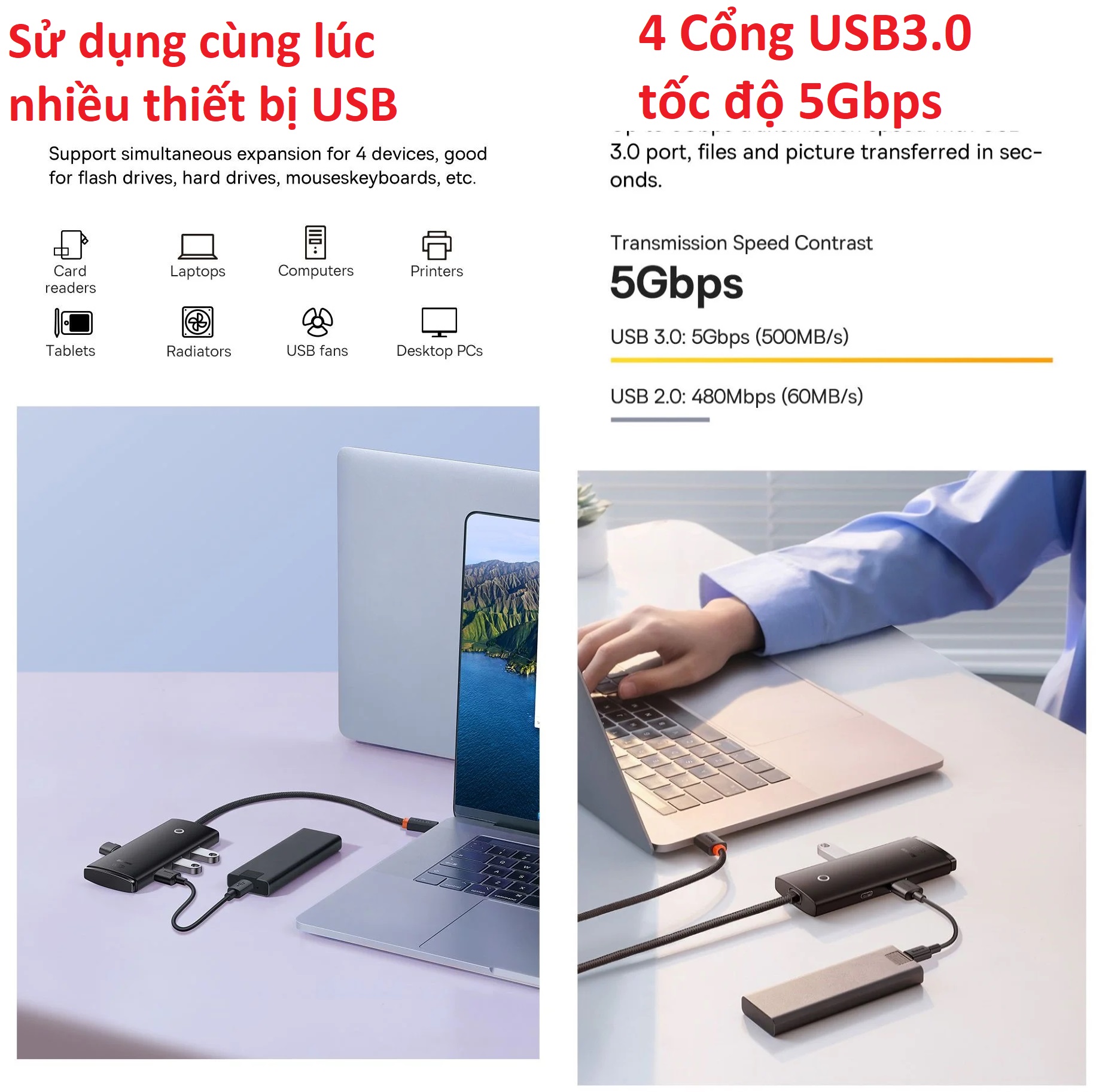 Bộ chuyển cổng Type-C / USB 4 IN 1 Baseus Airjoy Lite Series BS-OH012 / BS-OH015 _ Hàng chính hãng