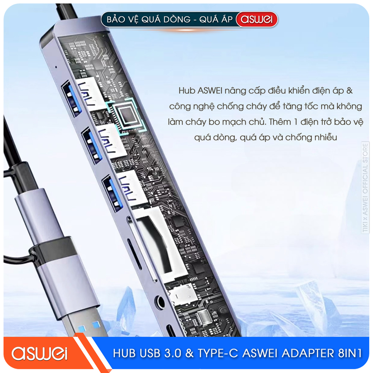 Hub USB 3.0 Và Hub Type C ASWEI 8 in 1 To USB 3.0, SD, TF, USB C, Audio 3.5 - Hàng Chính Hãng