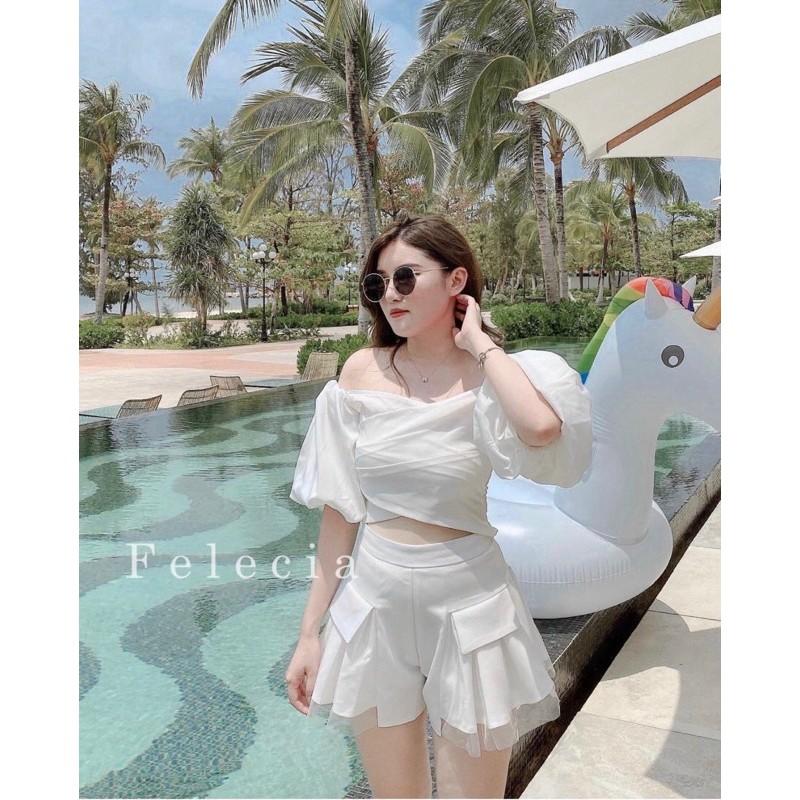 CHÂN VÁY XẾP LY ĐI BIỂN ÁO BẸT VAI TAY PHỒNG - GD143
