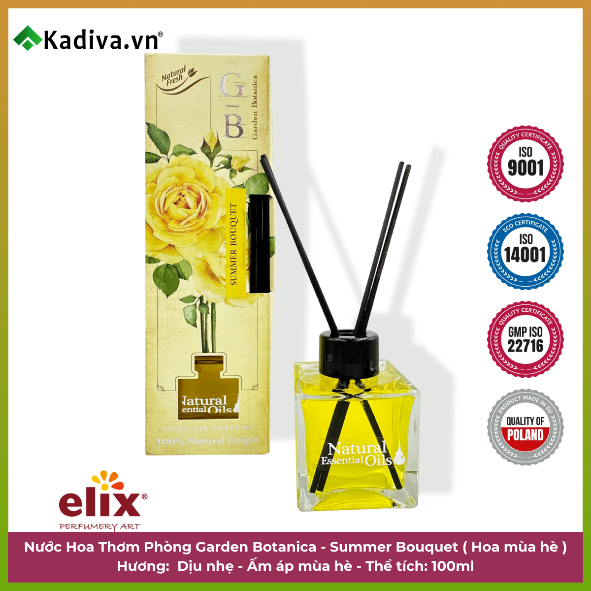Nước hoa thơm phòng Elix Garden Botanica – Hương Summer Bouquet (Hoa mùa hè) - 100ml Mùi hương tự nhiên, phù hợp với mọi độ tuổi, an toàn, không cồn