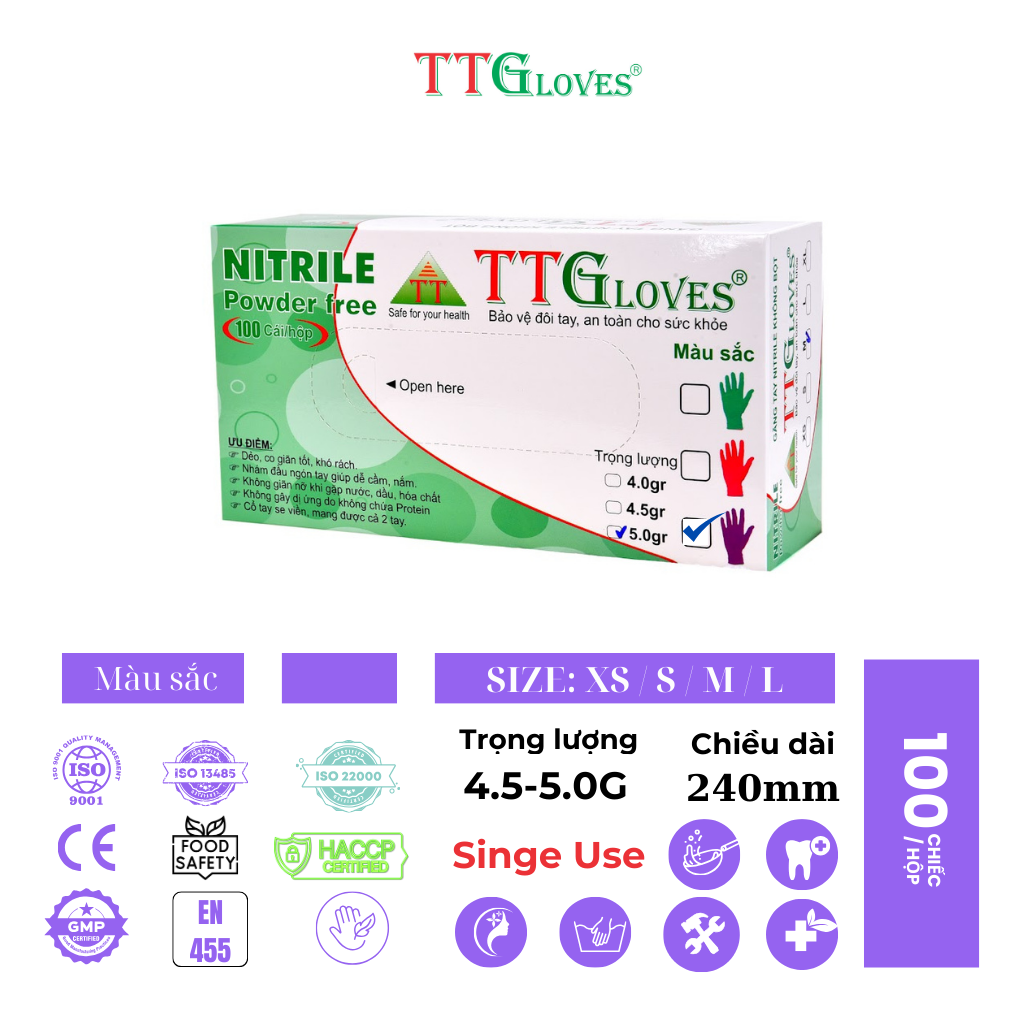 Găng Tay Cao Su Y Tế Size S Không Bột Nitrile TTGLOVES Màu Tím (100 Chiếc)