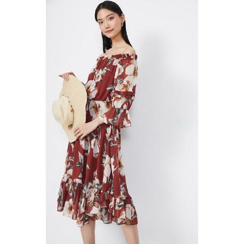 Đầm Nữ Trễ Vai Xếp Li In Hình Cổ Điển Siêu xinh