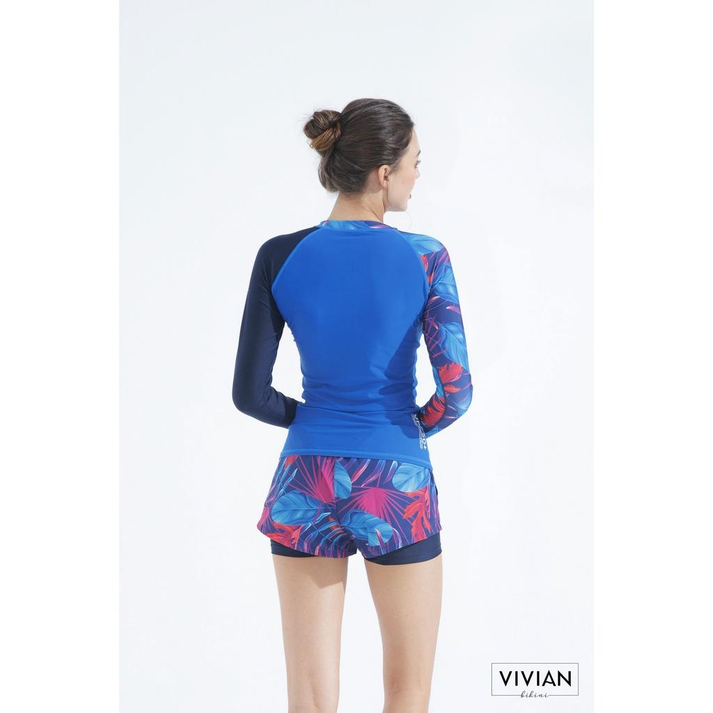 Áo bơi NỮ lẻ VIVIAN BIKINI kiểu tay dài có khóa, tay phối lệch màu - Xanh navy - VS159_NV